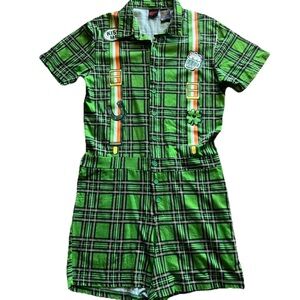 MAD Engine Green Plaid Novelty Romper with Orange Accent